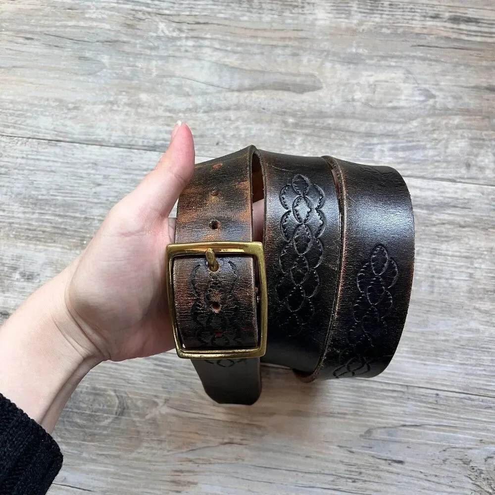 Vintage Leather Belt Deer Motif Tooled Western Dark Brown Size 44 Brass Buckle